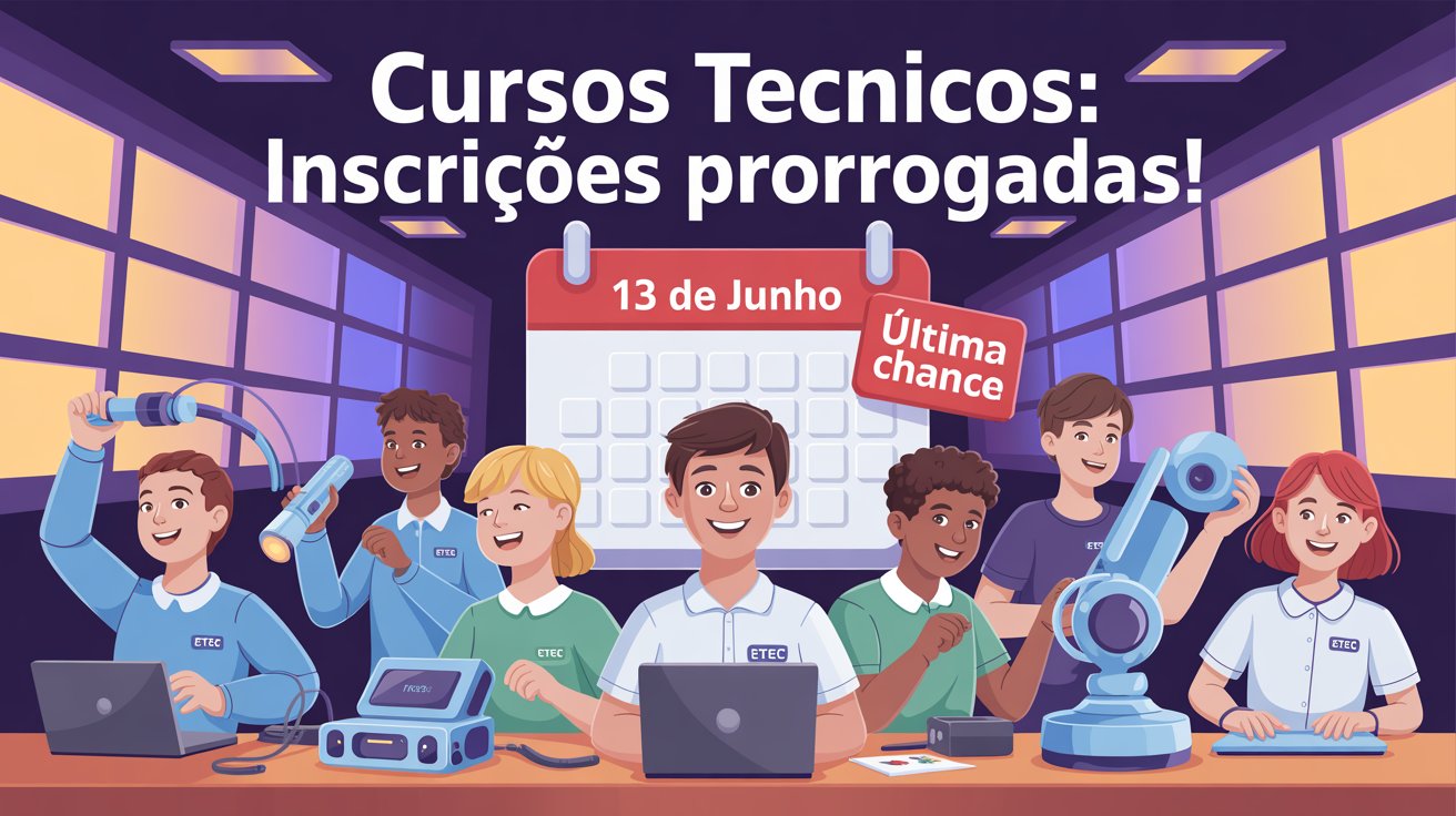 Inscrições para o Vestibulinho ETEC foram prorrogadas! São 90 mil vagas em cursos técnicos gratuitos. Cadastre-se até 13/06!