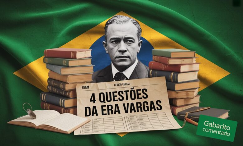 Montagem com foto de Getúlio Vargas, livros de história, uma prova estilo ENEM com o título: "Desafio: 4 Questões da Era Vargas com Resolução!" e uma tarja no canto escrito "Gabarito Comentado ✅". Fundo com tons de verde escuro e amarelo, para remeter à história do Brasil.