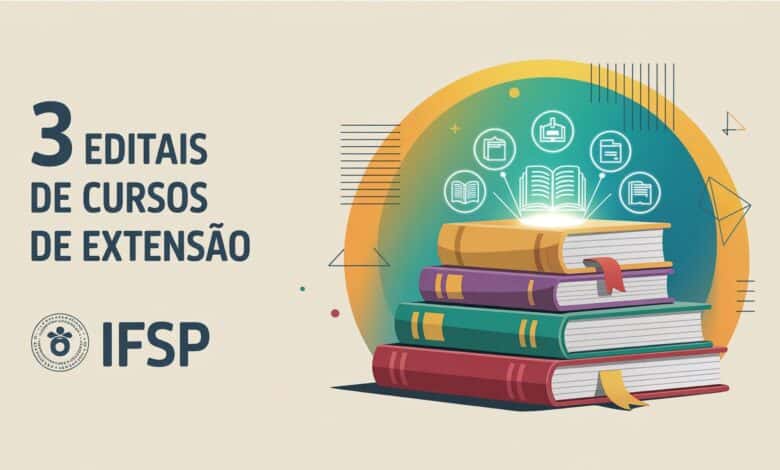 Fundo acadêmico moderno com livros digitais, certificados e ícones de cursos online e extensão universitária, destacando as palavras ‘IFSP’, ‘3 EDITAIS’, ‘CURSOS DE EXTENSÃO’ e ‘INSCRIÇÕES ABERTAS’ em letras maiúsculas contornadas, estilo profissional para thumbnail de YouTube, cores vibrantes e acadêmicas, sem logotipos.