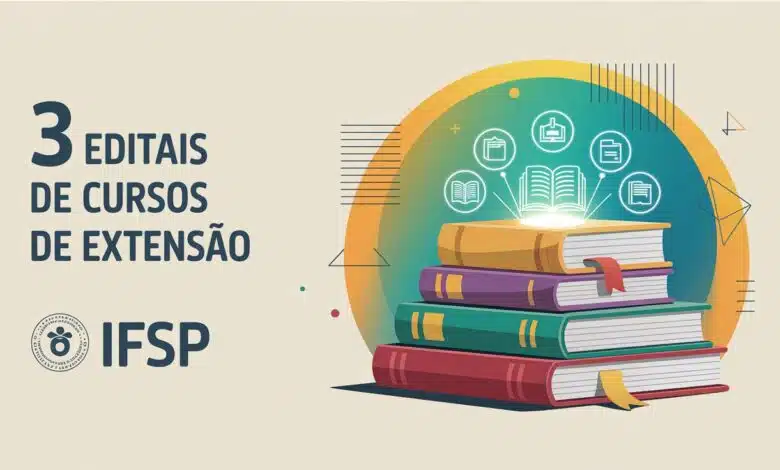 Fundo acadêmico moderno com livros digitais, certificados e ícones de cursos online e extensão universitária, destacando as palavras ‘IFSP’, ‘3 EDITAIS’, ‘CURSOS DE EXTENSÃO’ e ‘INSCRIÇÕES ABERTAS’ em letras maiúsculas contornadas, estilo profissional para thumbnail de YouTube, cores vibrantes e acadêmicas, sem logotipos.