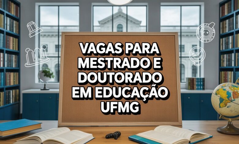 Fundo acadêmico com livros, diplomas, ícones de pesquisa científica e prédio universitário, destacando as palavras ‘VAGAS PARA MESTRADO E DOUTORADO EM EDUCACAO UFMG’ em letras maiúsculas contornadas