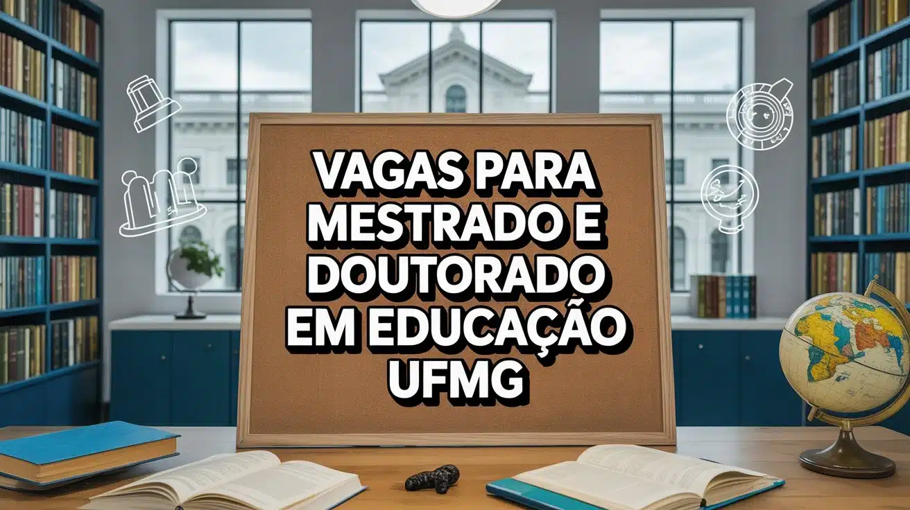 Fundo acadêmico com livros, diplomas, ícones de pesquisa científica e prédio universitário, destacando as palavras ‘VAGAS PARA MESTRADO E DOUTORADO EM EDUCACAO UFMG’ em letras maiúsculas contornadas