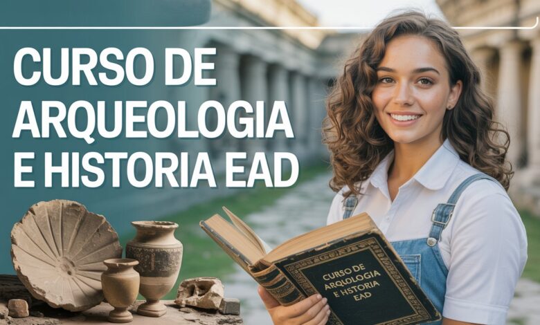 Jovem estudante ou professora segurando um livro , em um cenário que mistura símbolos de arqueologia (fósseis, urnas, ruínas) e história. Texto centralizado em letras grandes E com contorno : “CURSO DE ANTROPOLOGIA E HISTORIA EAD”, alta resolução, ideal para thumbnail Discover.