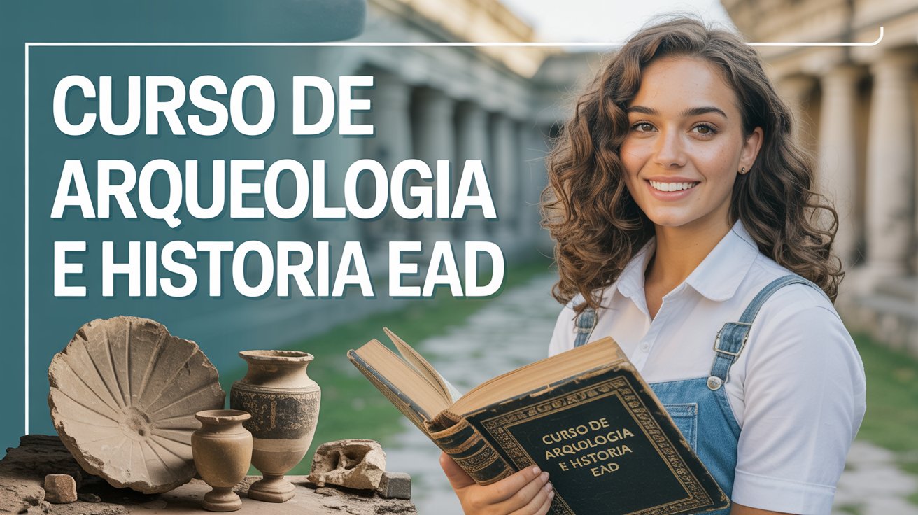 Jovem estudante ou professora segurando um livro , em um cenário que mistura símbolos de arqueologia (fósseis, urnas, ruínas) e história. Texto centralizado em letras grandes E com contorno : “CURSO DE ANTROPOLOGIA E HISTORIA EAD”, alta resolução, ideal para thumbnail Discover.