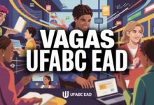 Prompt: "A stylized and vibrant image with a bold, modern font that reads 'VAGAS UFABC EAD'. The background should be a dynamic collage of diverse people in an academic setting, with subtle digital elements like laptop icons and flowing lines to represent online learning. The colors should be bright and inviting, emphasizing opportunity and education. The text should be large, clear, and outlined to stand out. The overall feel should be energetic and professional."