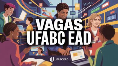 Prompt: "A stylized and vibrant image with a bold, modern font that reads 'VAGAS UFABC EAD'. The background should be a dynamic collage of diverse people in an academic setting, with subtle digital elements like laptop icons and flowing lines to represent online learning. The colors should be bright and inviting, emphasizing opportunity and education. The text should be large, clear, and outlined to stand out. The overall feel should be energetic and professional."