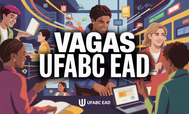 Prompt: "A stylized and vibrant image with a bold, modern font that reads 'VAGAS UFABC EAD'. The background should be a dynamic collage of diverse people in an academic setting, with subtle digital elements like laptop icons and flowing lines to represent online learning. The colors should be bright and inviting, emphasizing opportunity and education. The text should be large, clear, and outlined to stand out. The overall feel should be energetic and professional."