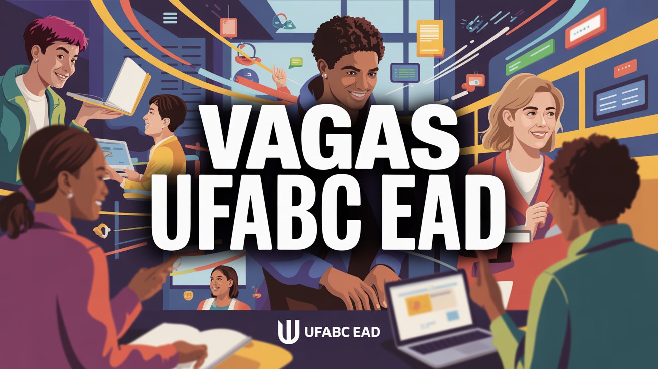 Prompt: "A stylized and vibrant image with a bold, modern font that reads 'VAGAS UFABC EAD'. The background should be a dynamic collage of diverse people in an academic setting, with subtle digital elements like laptop icons and flowing lines to represent online learning. The colors should be bright and inviting, emphasizing opportunity and education. The text should be large, clear, and outlined to stand out. The overall feel should be energetic and professional."