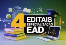 Quatro editais de especialização gratuita EAD abertos em março e abril de 2026. Confira cursos em Educação Inclusiva, Psicopedagogia, Matemática e mais.