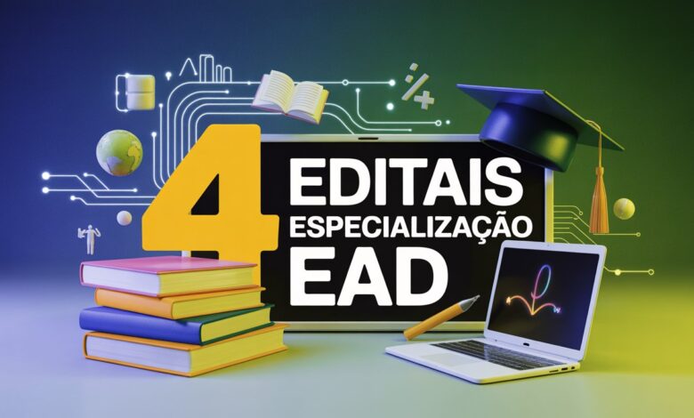 Quatro editais de especialização gratuita EAD abertos em março e abril de 2026. Confira cursos em Educação Inclusiva, Psicopedagogia, Matemática e mais.