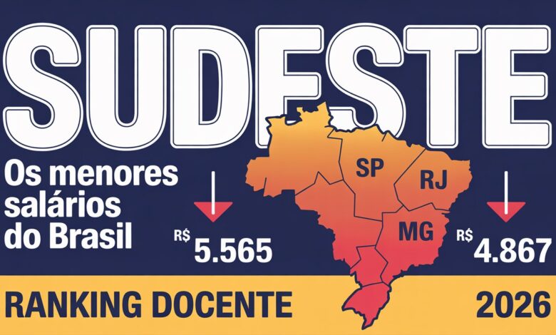 Quanto ganha professor estadual no Sudeste em 2026 SP, RJ, MG e ES formam a região mais rica — e os piores salários docentes do Brasil.