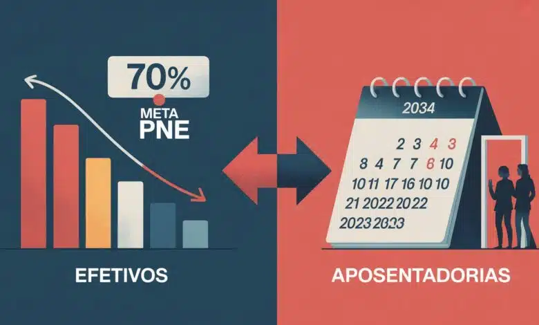 57,5% dos professores efetivos das redes estaduais estão aptos a se aposentar até 2034. Cruzado com os dados de efetivos da CNTE.