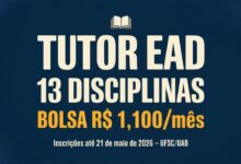 A UFSC abriu seleção de tutores EaD para 13 disciplinas de Letras Português. Bolsa de R$ 1.100mês. Inscrições até 21 de maio de 2026.