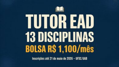 A UFSC abriu seleção de tutores EaD para 13 disciplinas de Letras Português. Bolsa de R$ 1.100mês. Inscrições até 21 de maio de 2026.