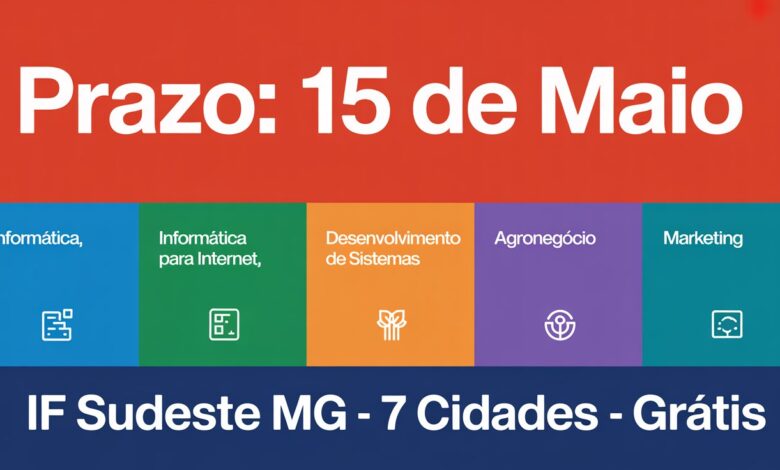 As inscrições para o IF Sudeste MG encerram amanhã, 15 de maio. São 1.320 vagas gratuitas em 5 cursos técnicos EaD em 7 cidades de MG.