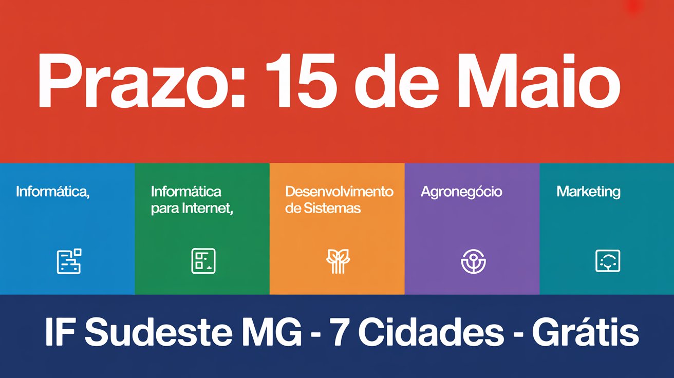 As inscrições para o IF Sudeste MG encerram amanhã, 15 de maio. São 1.320 vagas gratuitas em 5 cursos técnicos EaD em 7 cidades de MG.