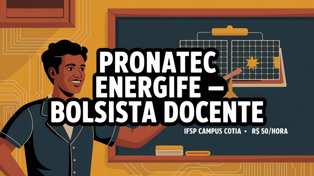 O IFSP abriu seleção de bolsistas docentes para o Pronatec EnergIFE no Campus Cotia. Bolsa de R$ 50h. Inscrições até 13052026.