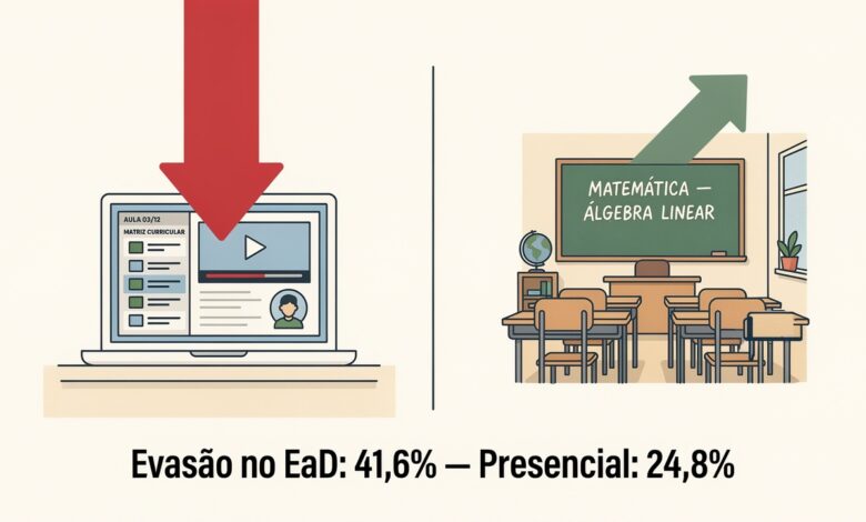 A evasão no EaD privado atingiu 41,6% em 2024 — contra 24,8% no presencial. Para professor que quer uma segunda licenciatura, entender essa diferença pode definir se o diploma vai ou não sair.