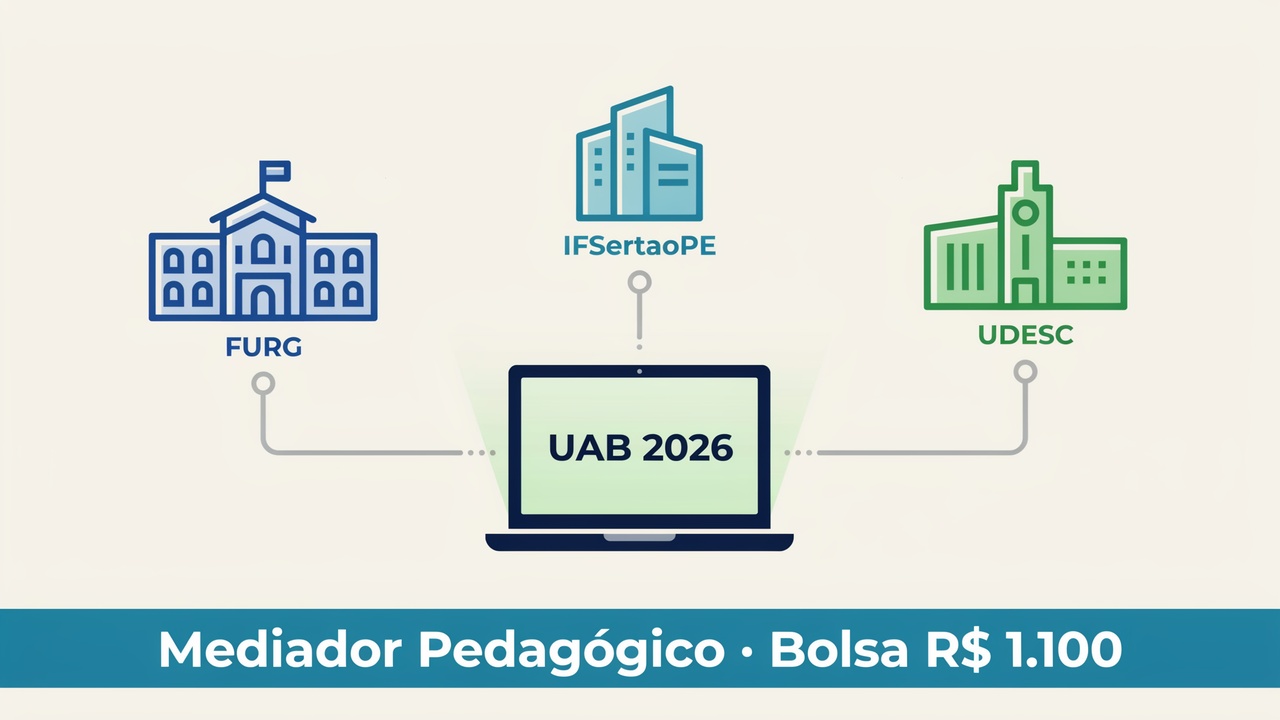 FURG, IFSertãoPE e UDESC abriram editais UAB 2026 para mediador pedagógico e tutor. Bolsa de R$ 1.100mês, 20h semanais.