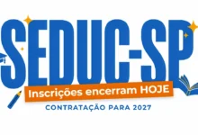 Inscrições do PSS SEDUC-SP 2026 encerram hoje, 1806, às 16h. Prova em agosto, remuneração de R$ 5.565 e atuação em 91 regionais.