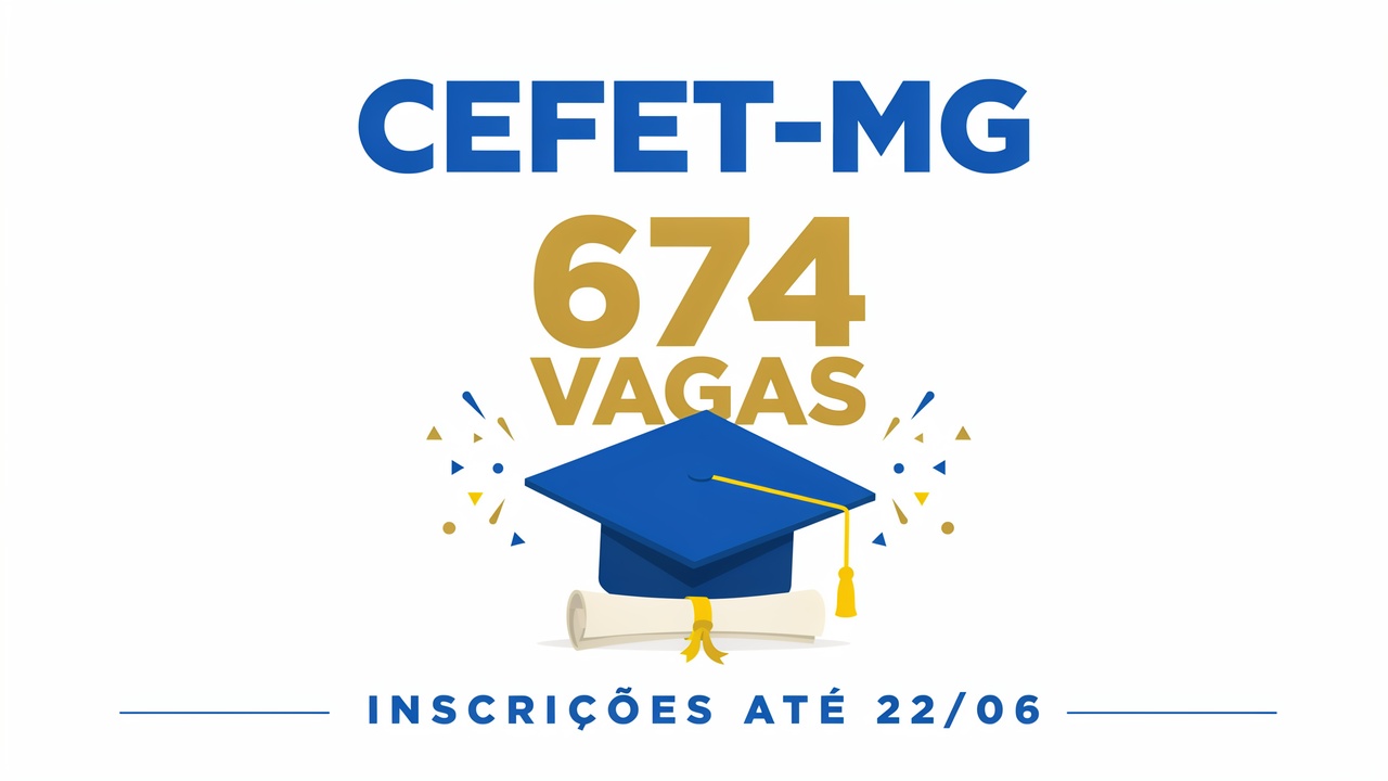 O CEFET-MG abriu 674 vagas de graduação para o 2º semestre de 2026. Inscrições gratuitas até 2206 pelo site do processo seletivo. Seleção pelas notas do ENEM 2016–2025