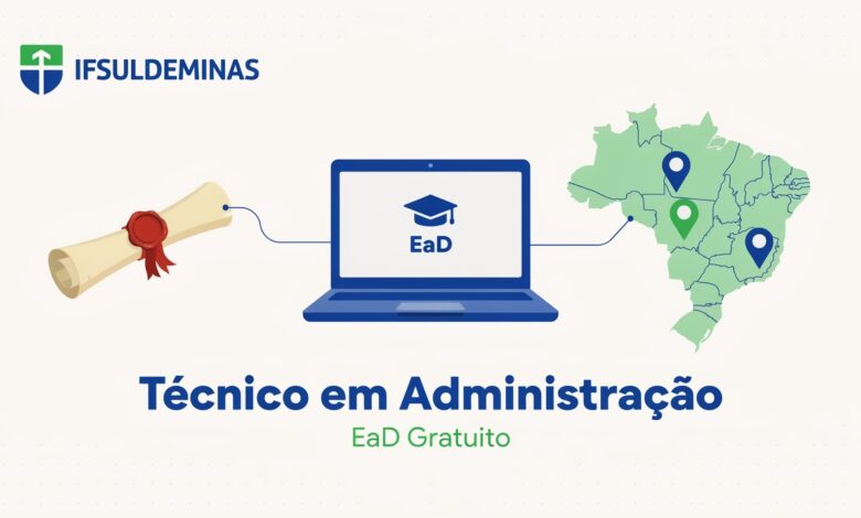 Técnico em Administração gratuito pelo IFSULDEMINAS 1 ano de curso EaD, diploma federal, 14 polos em três estados. Inscrições até 19062026!