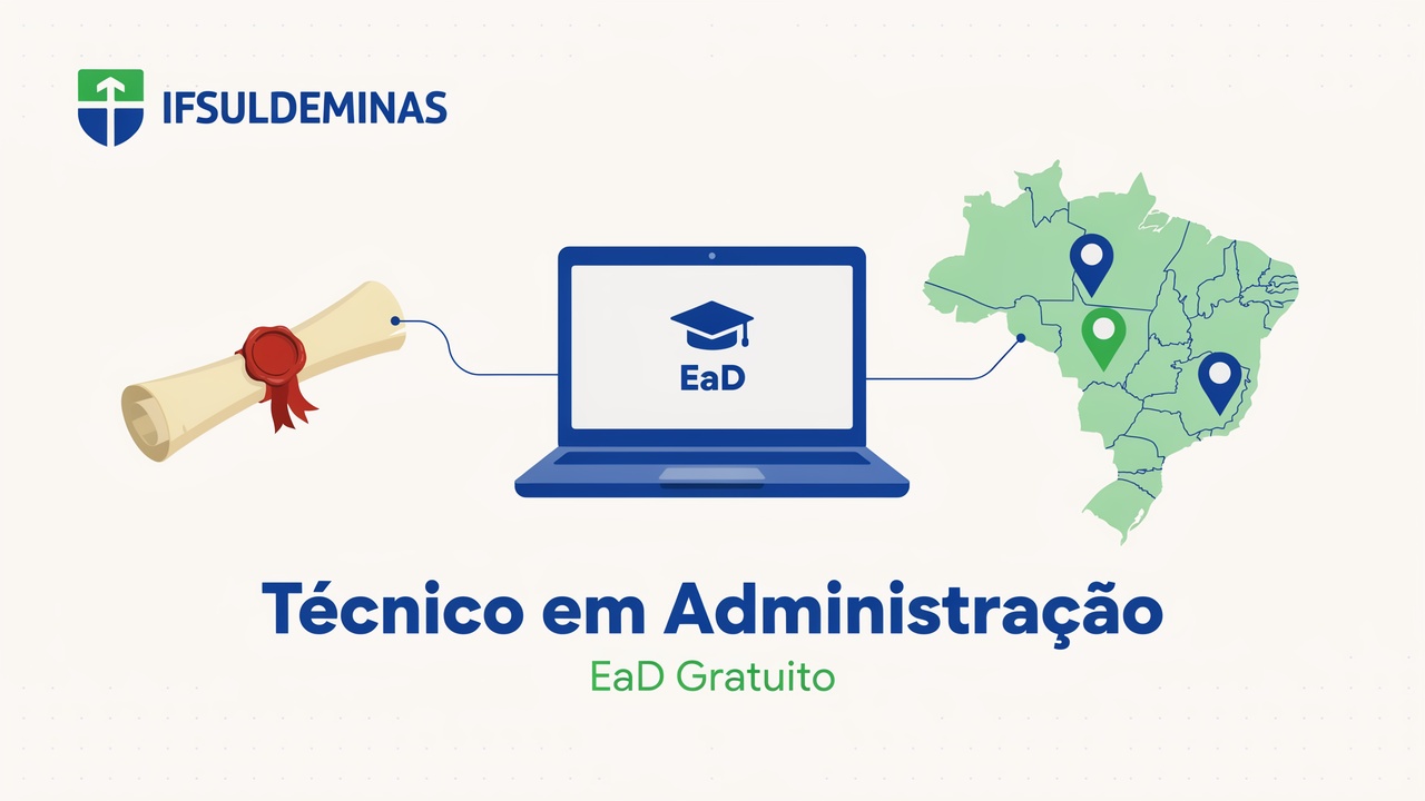 Técnico em Administração gratuito pelo IFSULDEMINAS 1 ano de curso EaD, diploma federal, 14 polos em três estados. Inscrições até 19062026!