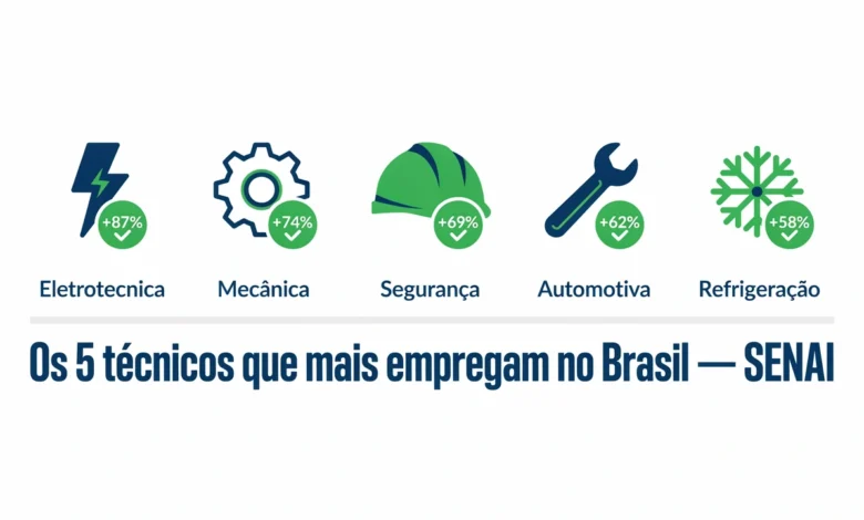 Veja os 5 cursos técnicos que mais empregam, quanto pagam no início da carreira e como se inscrever gratuitamente via SENA e PRONATEC.