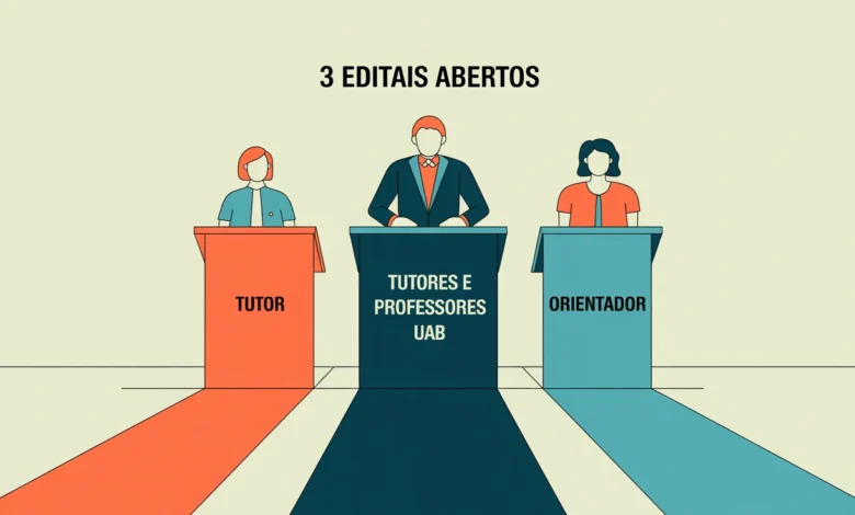 Compare 3 oportunidades de bolsa para educadores orientador de TCC na UFRB, tutor EAD no IFSULDEMINAS e instrutor de idiomas na FADEMA; inscrições até 24 e 28 de julho de 2026.