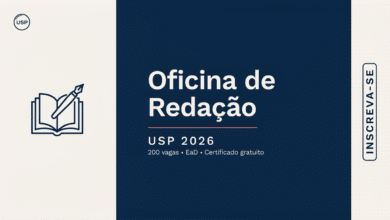 Curso gratuito de redação da USP em 2026 EaD, 15 aulas e certificado. Qualquer pessoa pode se inscrever até 15 de julho. Confira.