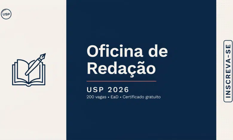 Curso gratuito de redação da USP em 2026 EaD, 15 aulas e certificado. Qualquer pessoa pode se inscrever até 15 de julho. Confira.