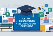 Inscrições para 25.900 vagas em 26 cursos gratuitos EAD do Cetam terminam nesta quarta (1507). Veja cursos, requisitos e como se inscrever agora.