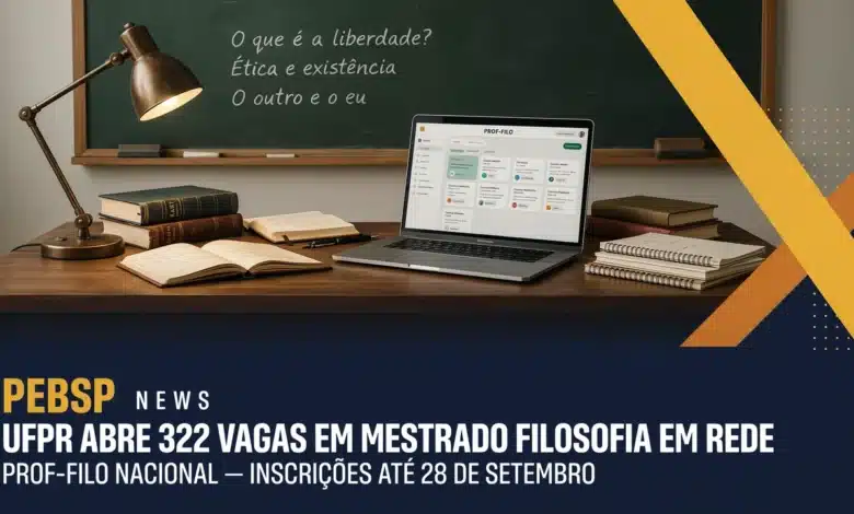 MEC abre 322 vagas no PROF-FILO 2027-2029, distribuidas em 25 nucleos. Inscricoes on-line de 10 de agosto a 28 de setembro de 2026.