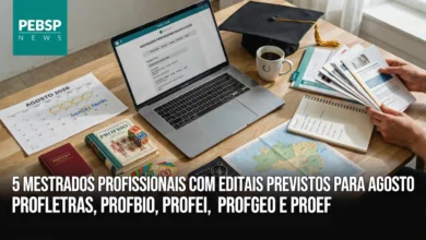 Agosto traz cinco mestrados profissionais em educação com editais previstos PROFLETRAS, PROFBIO, PROFEI, PROFGEO e PROEF.