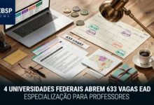 Confira 4 especializações EAD gratuitas para professores — UTFPR, UFTM, UFSCar e UNIVASF somam 633 vagas, com inscrições até 9 e 10 de agosto de 2026.