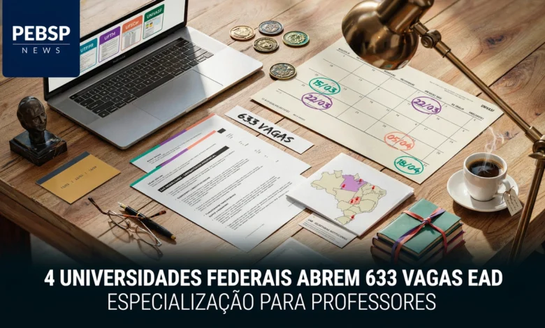 Confira 4 especializações EAD gratuitas para professores — UTFPR, UFTM, UFSCar e UNIVASF somam 633 vagas, com inscrições até 9 e 10 de agosto de 2026.