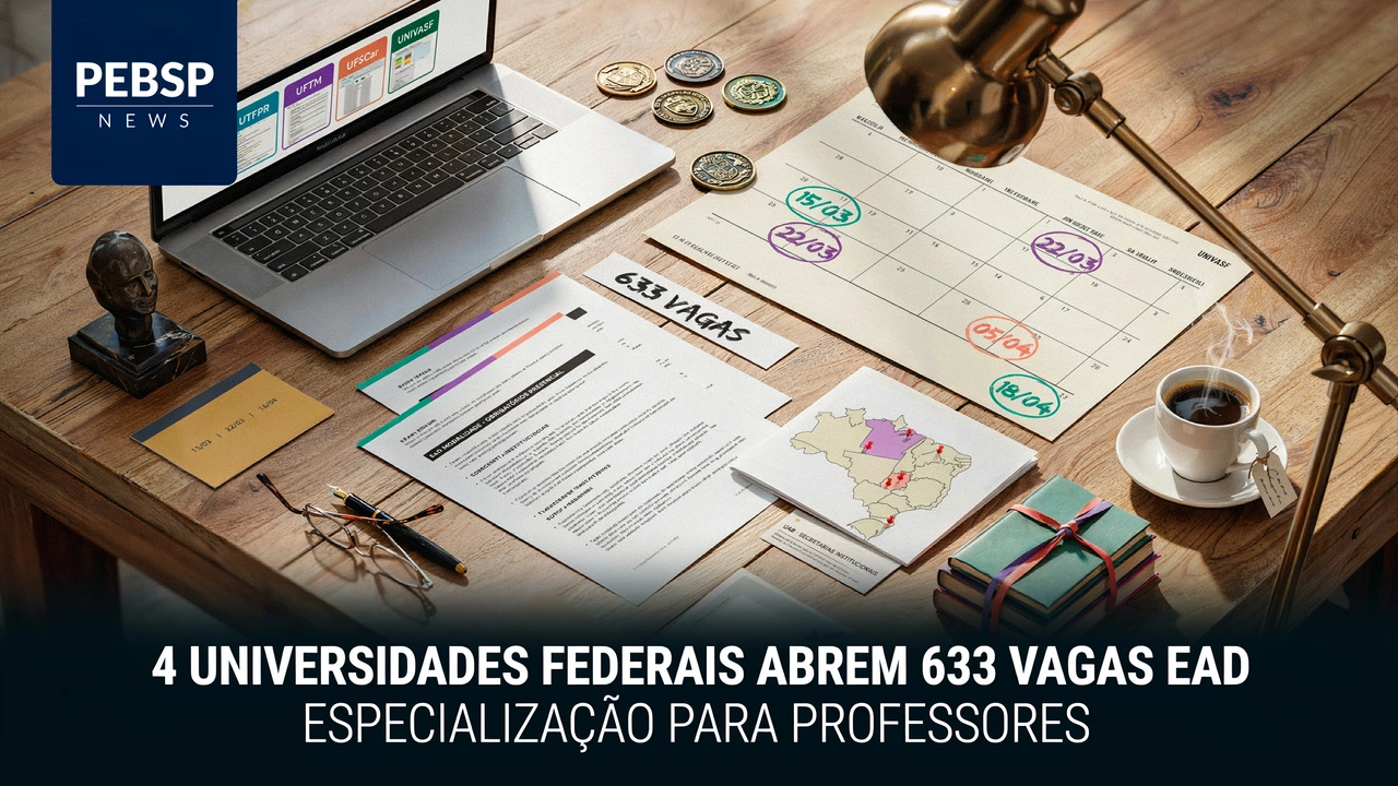 Confira 4 especializações EAD gratuitas para professores — UTFPR, UFTM, UFSCar e UNIVASF somam 633 vagas, com inscrições até 9 e 10 de agosto de 2026.