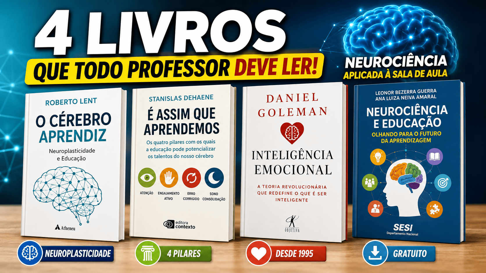 Conheça 4 livros de neurociência e aprendizagem — Roberto Lent, Dehaene, Goleman e SESI — para aplicar ciência na prática pedagógica.