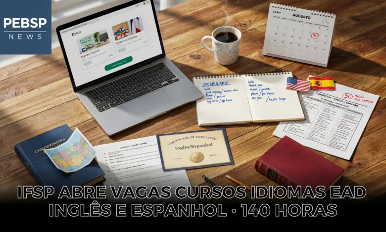 Cursos de extensão a distância em Inglês e Espanhol no IFSP oferecem 40 vagas gratuitas cada, com carga de 140h e inscrições até 14 de agosto.