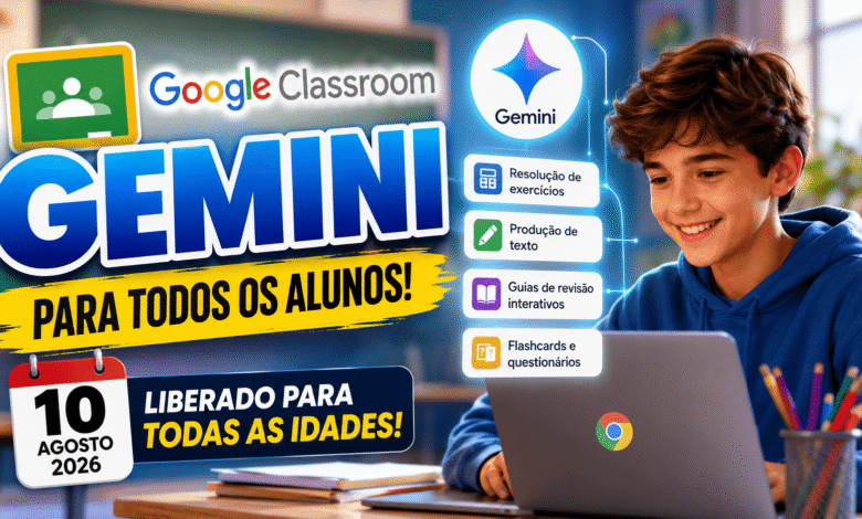 Google libera Gemini no Classroom para estudantes de qualquer idade. Escolas definem regras de uso em 10 de agosto de 2026.
