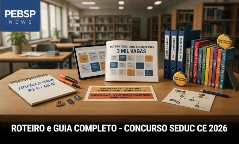 Guia completo de estudos Seduc CE Prova Objetiva (P1), Prova Prática (P2), 14 disciplinas, dicas práticas e cronograma comprovado.