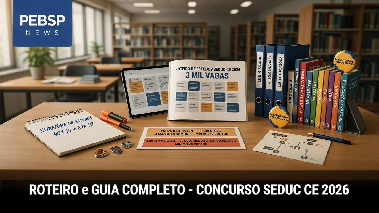 Guia completo de estudos Seduc CE Prova Objetiva (P1), Prova Prática (P2), 14 disciplinas, dicas práticas e cronograma comprovado.