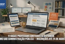 IFMG oferece 11 vagas para professor conteudista em Administração Pública com bolsa de R$ 1.850. Inscrições até 24 de agosto de 2026. Confira vagas, requisitos e como se inscrever.