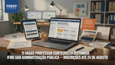 IFMG oferece 11 vagas para professor conteudista em Administração Pública com bolsa de R$ 1.850. Inscrições até 24 de agosto de 2026. Confira vagas, requisitos e como se inscrever.