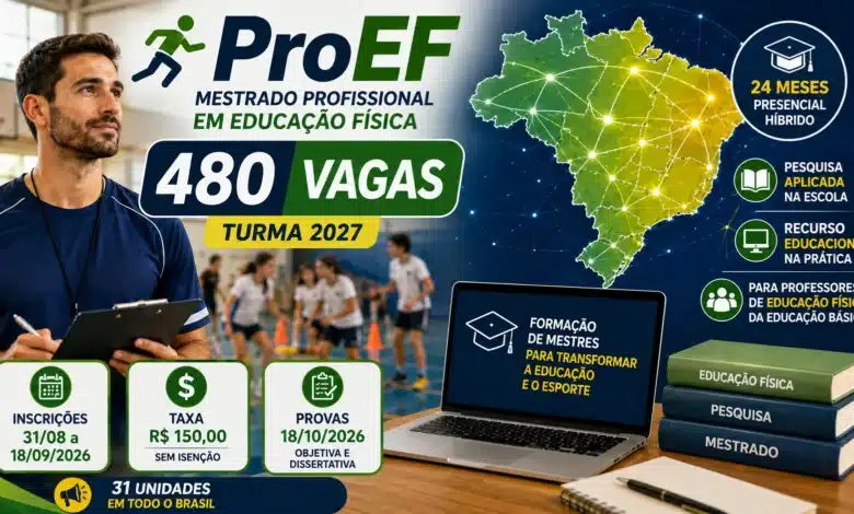 ProEF oferece 480 vagas de mestrado para professores de Educação Física. Inscrições pela Vunesp vão de 31 de agosto a 18 de setembro. Veja as vagas.