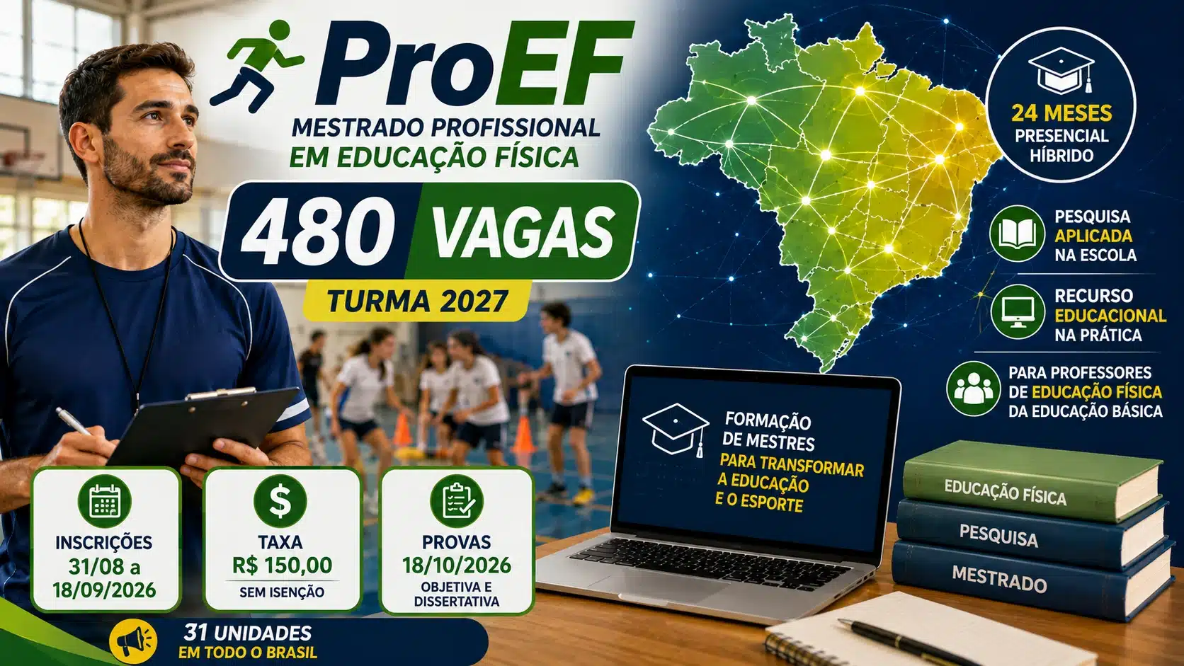 ProEF oferece 480 vagas de mestrado para professores de Educação Física. Inscrições pela Vunesp vão de 31 de agosto a 18 de setembro. Veja as vagas.