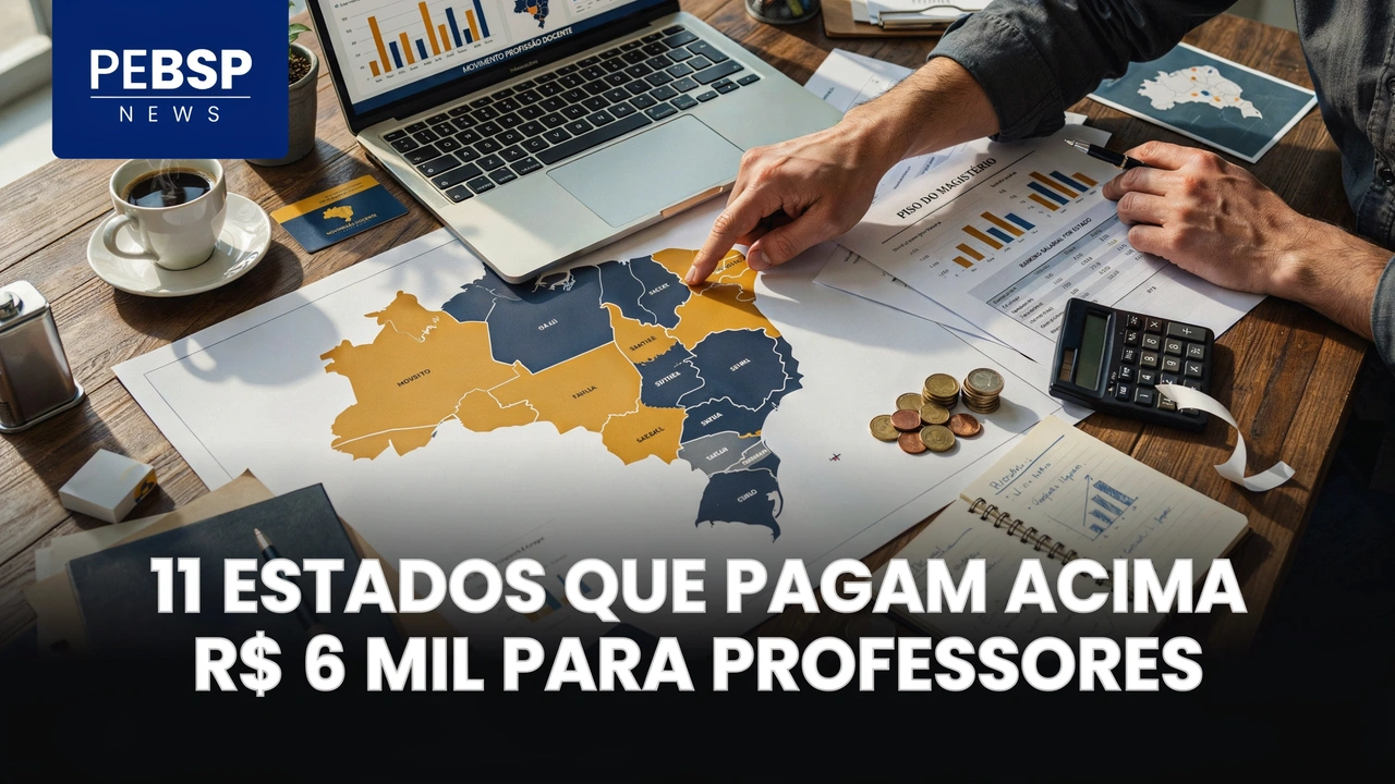 Quais estados pagam acima de R$ 6 mil para professores em 2026 MS lidera com R$ 13 mil, seguido por MA, PA, RR e MT. Veja o ranking e o que une esses estados!