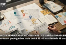 Top 5 capitais com maior amplitude salarial Manaus 521%, Curitiba 439%, São Paulo 127%. Compare modelos docentes equilibrados vs extremos.