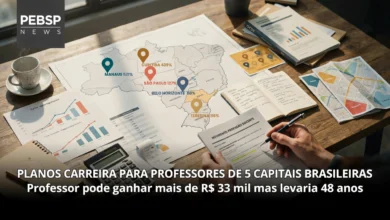 Top 5 capitais com maior amplitude salarial Manaus 521%, Curitiba 439%, São Paulo 127%. Compare modelos docentes equilibrados vs extremos.