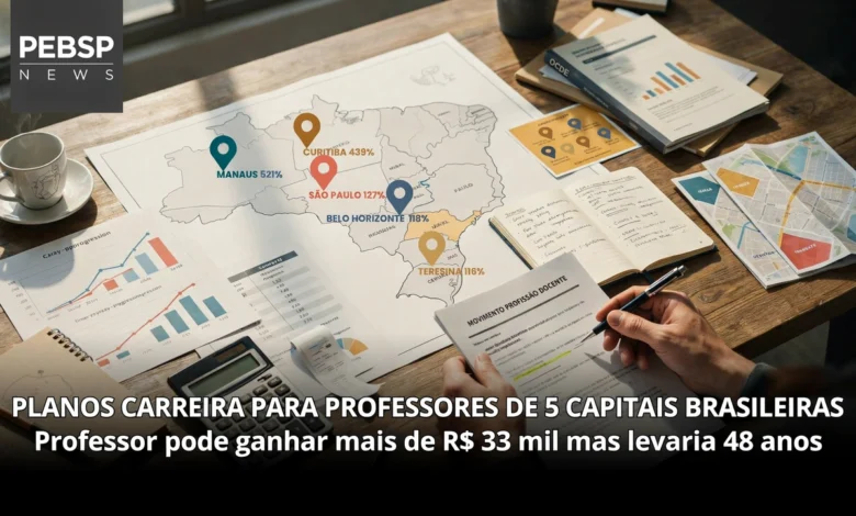 Top 5 capitais com maior amplitude salarial Manaus 521%, Curitiba 439%, São Paulo 127%. Compare modelos docentes equilibrados vs extremos.